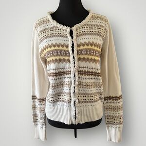 Vintage Crazy Horse Fair Isle Ivory Velvet Lace Detail Cardigan Sweater Size M